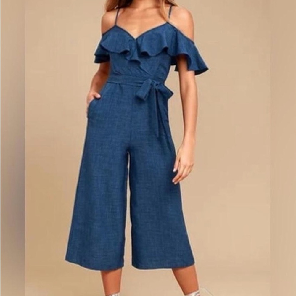 Lost in Love Lulu's Denim-Effect Off-Shoulder Ruffle Jumpsuit - Blue